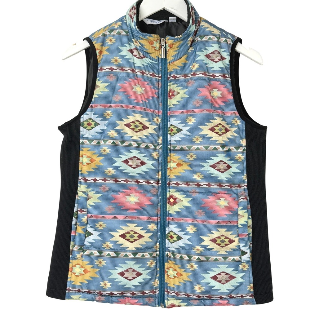 Great Northwest Indigo Quilted Puffer Vest Women M Blue Southwestern Aztec Zip